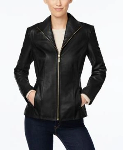 Shop Cole Haan Petite Leather Jacket In Black