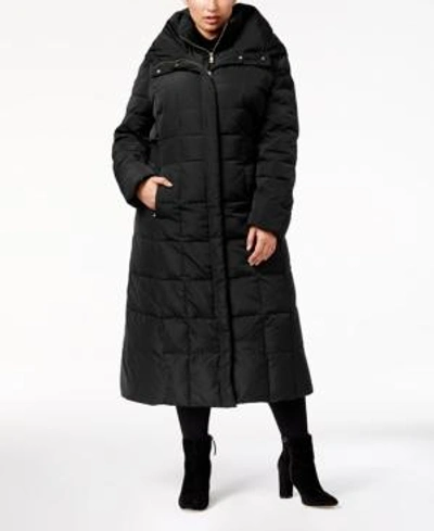 Shop Cole Haan Signature Plus Size Hooded Maxi Puffer Coat In Black