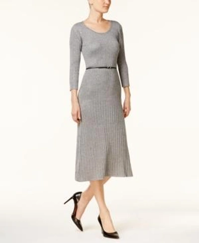 Shop Calvin Klein Belted Sparkle Ribbed Midi Sweater Dress In Tin Heather/silver Lurex