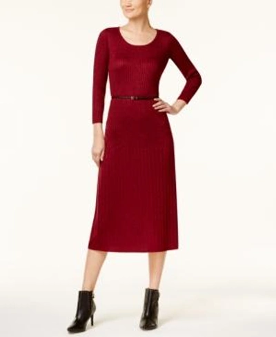 Shop Calvin Klein Belted Sparkle Ribbed Midi Sweater Dress In Persimmon/persimmon Lurex