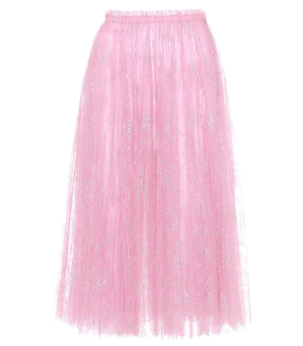 Valentino Metallic Floral Embroidered Tulle Midi Skirt In Pink | ModeSens