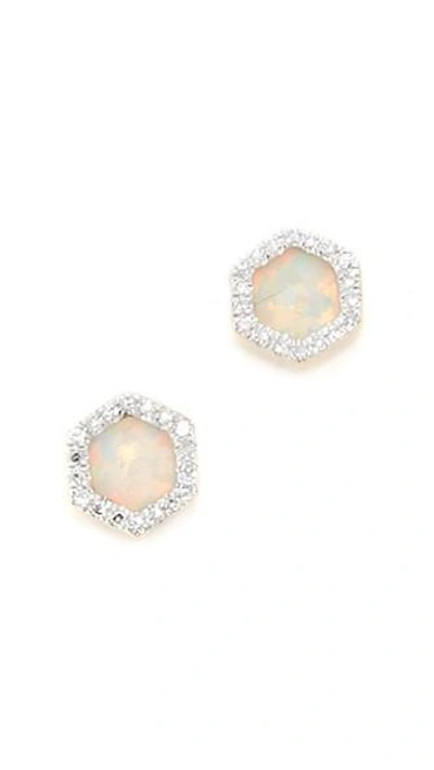 14k Gold Opal & Diamond Hexagon Post Earrings