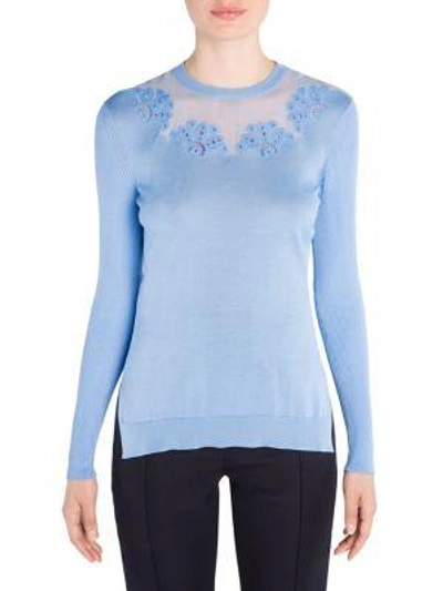 Shop Fendi Rib Knit Embroidered Pullover In Blue