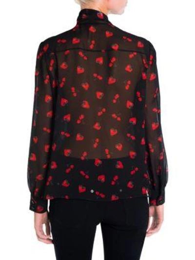 Shop Miu Miu Strawberry & Cherry Print Tie-neck Blouse In Black Berry
