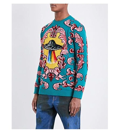 Shop Gucci Ufo-appliqué Wool Sweater In Blue Pink
