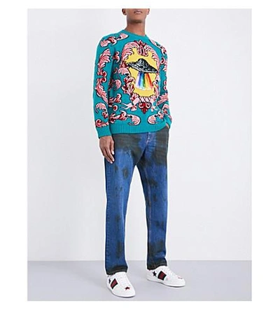 Shop Gucci Ufo-appliqué Wool Sweater In Blue Pink