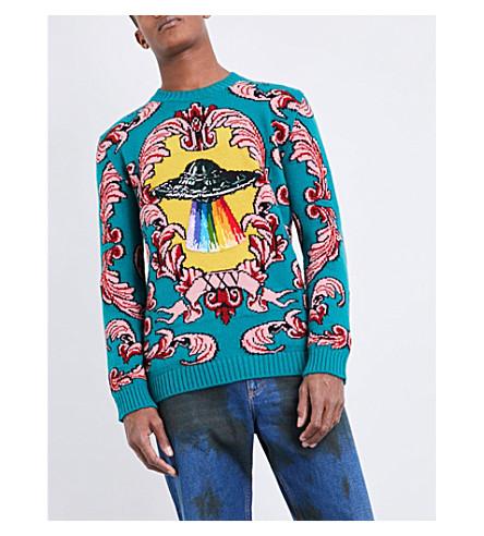 Gucci Embroidered Appliquéd Wool-jacquard Sweater In Green | ModeSens