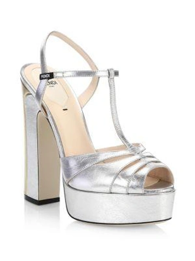 Shop Fendi Duo Metallic Platform Sandals In Silver