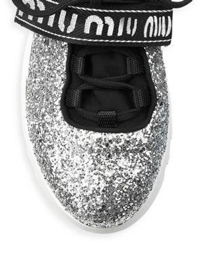 Shop Miu Miu Glitter Logo Sneakers In Silver