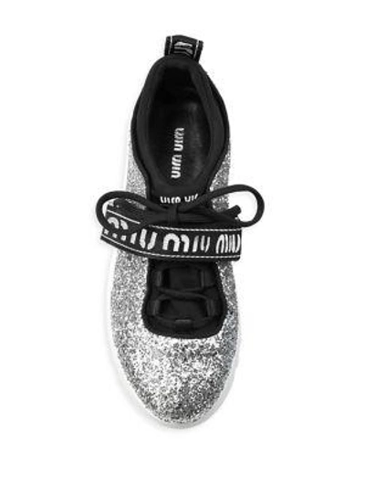 Shop Miu Miu Glitter Logo Sneakers In Silver