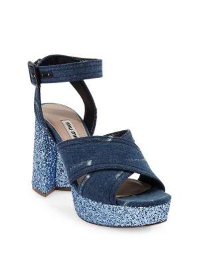 Shop Miu Miu Crisscross Denim Platform Sandals In Blue Astro