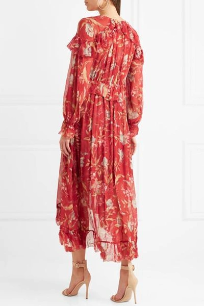 Shop Zimmermann Corsair Ruffled Floral-print Crepon Midi Dress In Crimson