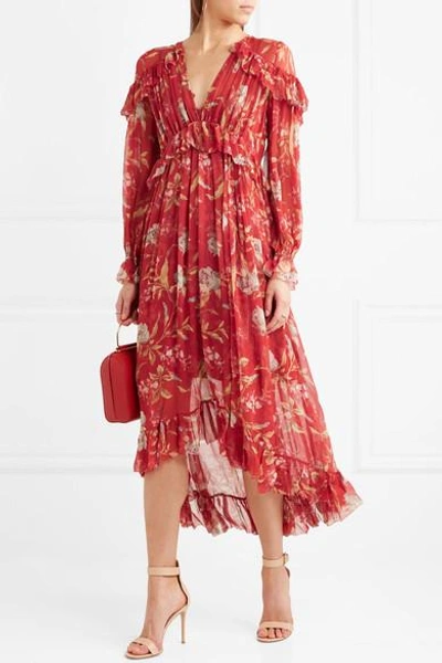 Shop Zimmermann Corsair Ruffled Floral-print Crepon Midi Dress In Crimson