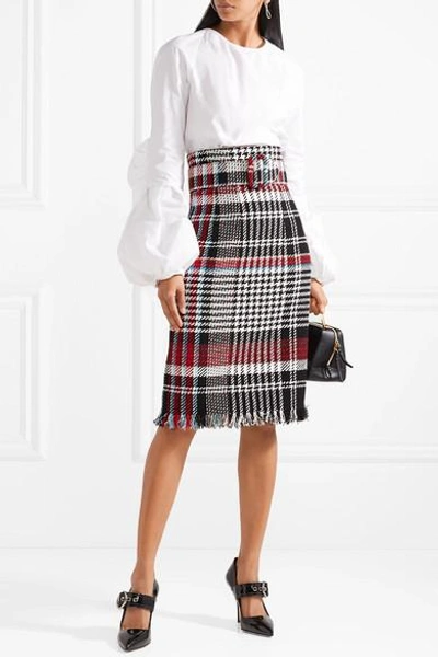 Shop Oscar De La Renta Belted Fringed Checked Cotton-blend Tweed Skirt In Black