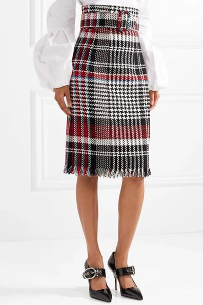 Shop Oscar De La Renta Belted Fringed Checked Cotton-blend Tweed Skirt In Black