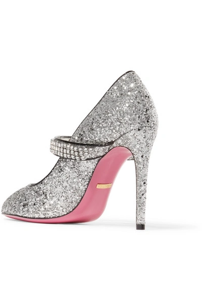 Shop Gucci Sylvie Crystal-embellished Glittered Leather Pumps In Silver