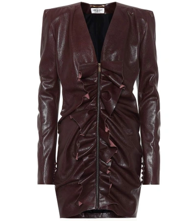 Shop Saint Laurent Ruffled Leather Minidress In Brown