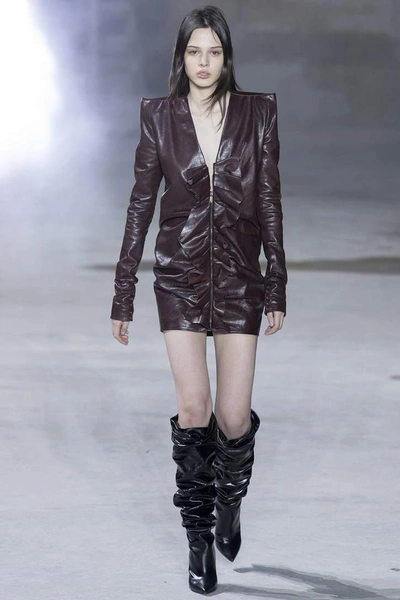Shop Saint Laurent Ruffled Leather Minidress In Brown