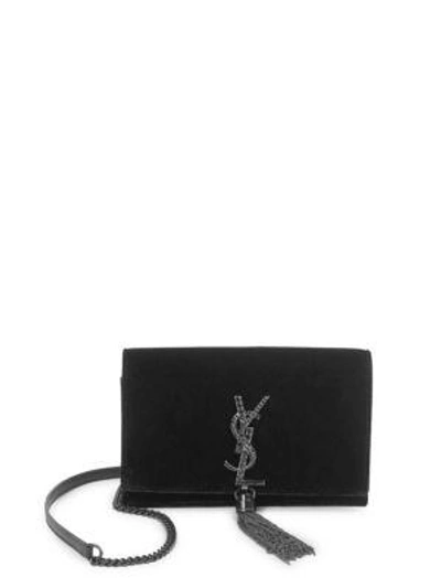 Shop Saint Laurent Kate Monogram Tassel Velvet Shoulder Bag In Noir