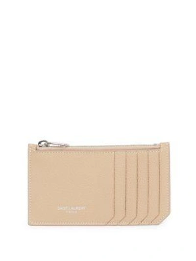 Shop Saint Laurent Zip Fragment Contrast Stitch Leather Card Case In Poudre