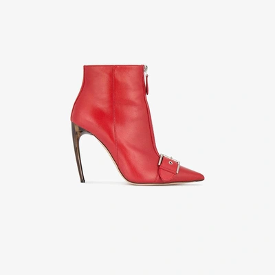 Shop Alexander Mcqueen Buckle And Zip Front Horn Heel Boots In Red