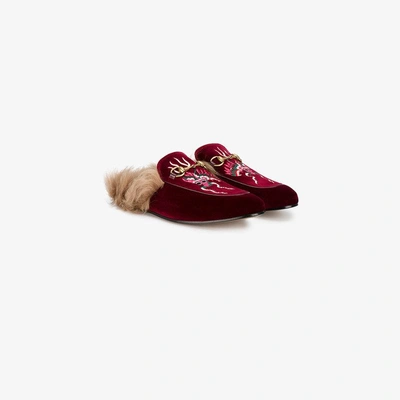 Shop Gucci Princetown Velvet Embroidered Slippers In Red
