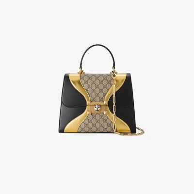 Shop Gucci Black Gold Osiride Gg Supreme Leather Tote Bag In Neutrals
