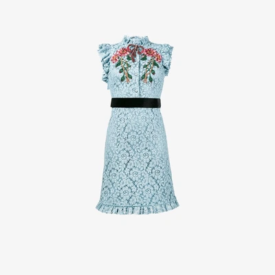 Shop Gucci Embroidered Cluny Lace Dress In Blue