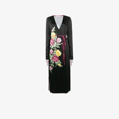 Shop Attico Grace Floral Satin Wrap Midi Dress In Black