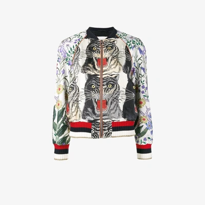 Gucci Appliquéd Printed Silk-twill Bomber Jacket In Nude&neutrals