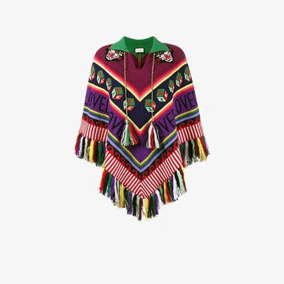 Shop Gucci Tasseled Chunky Knit Poncho In Multicolour