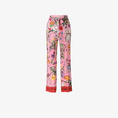 Shop Gucci Silk Flora Snake Print Pants In Pink/purple