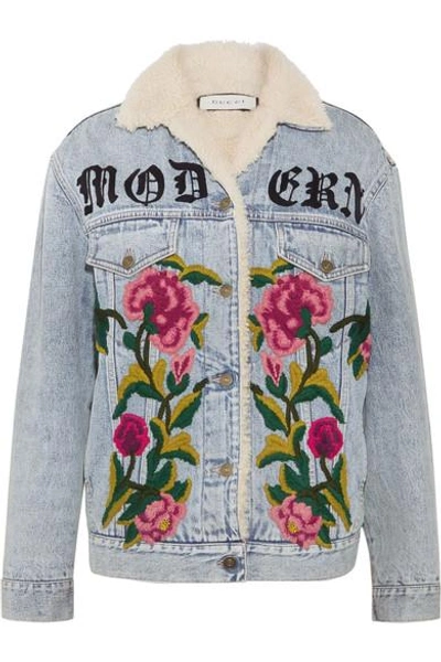 Shop Gucci Shearling-lined Embroidered Denim And Jacquard Jacket In Light Denim