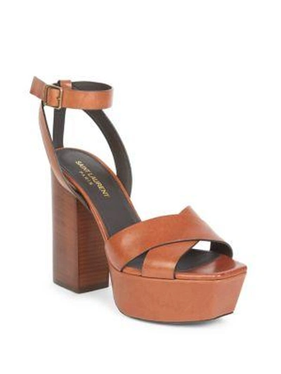 Shop Saint Laurent Farrah Ankle-strap Leather Platform Sandals In Brown