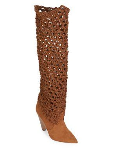 Shop Saint Laurent Niki Crochet Suede Boots In Tan