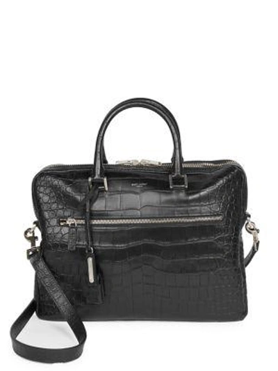 Shop Saint Laurent Crocodile Embossed Leather Briefcase In Black