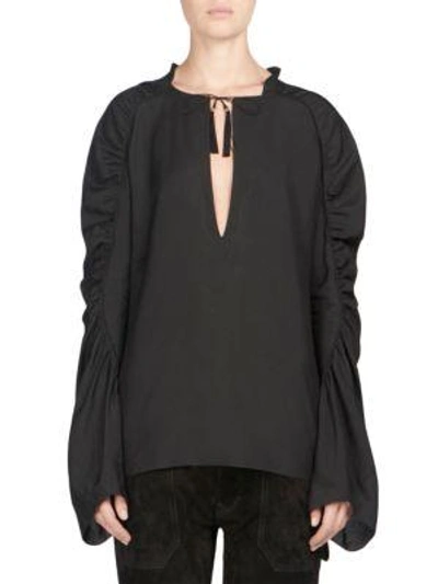 Shop Saint Laurent Ruched V-neck Blouse In Black