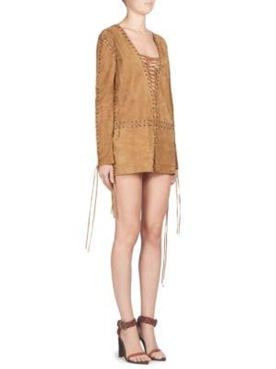 Shop Saint Laurent Suede Lace-up Mini Dress In Tobacco