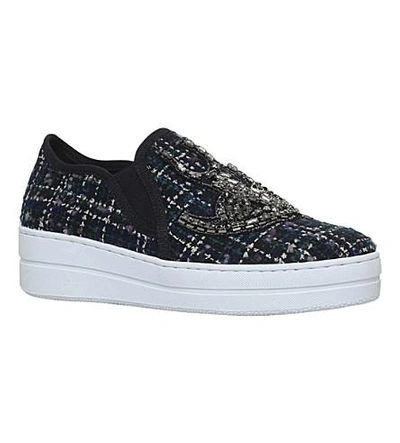 Shop Kurt Geiger Lamont Embellished Woven Trainers In Navy