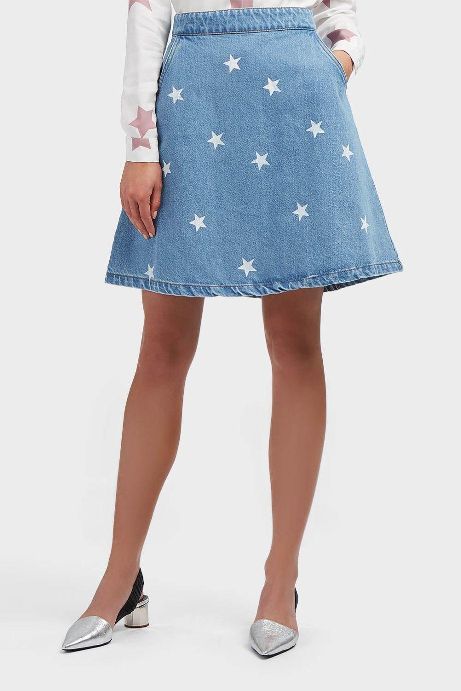 printed denim skirt