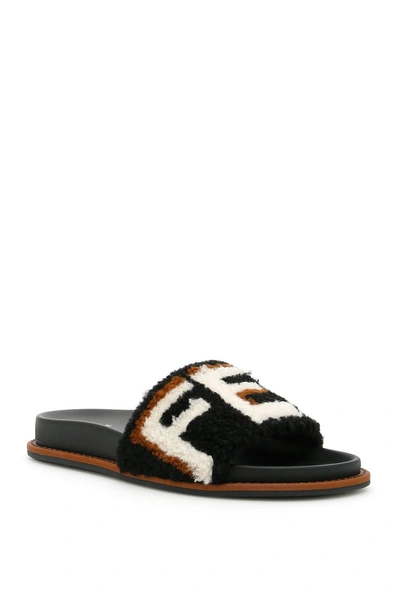 Shop Fendi Shearling Slides In Nero+latte+browniebianco