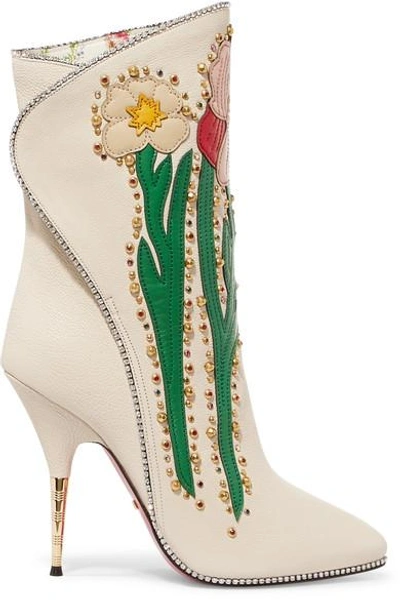 Shop Gucci Fosca Appliquéd Embellished Textured-leather Ankle Boots In White