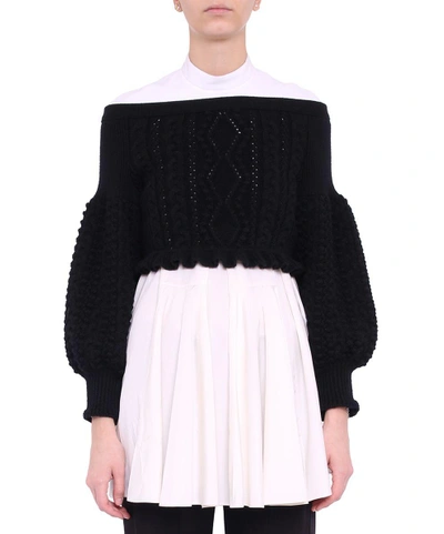 Shop Valentino Off-the-shoulder Cropped Wool Sweater In Nero