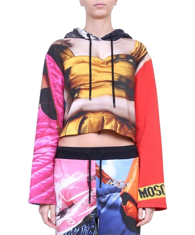 Shop Moschino Cropped Hooded Cotton Sweatshirt In Multicolor