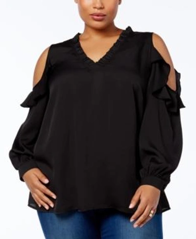 Shop Love Scarlett Plus Size Ruffled Cold-shoulder Top In Black