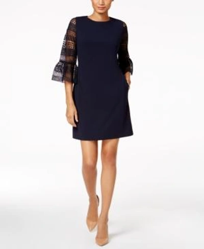 Shop Donna Ricco Lace-sleeve Sheath Dress In Navy