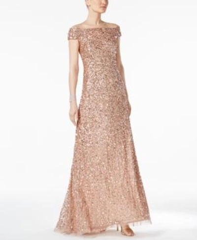 Shop Adrianna Papell Sequined Off-the-shoulder Gown In Rose Gold