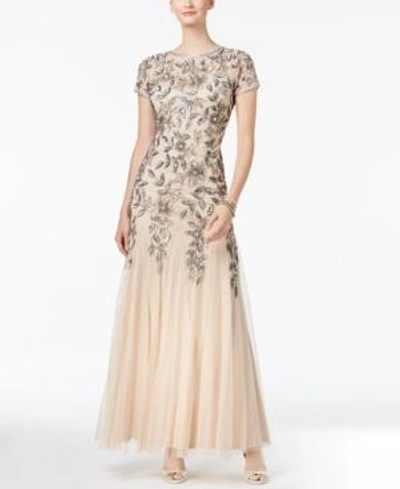 Shop Adrianna Papell Floral-beaded Gown In Taupe/pink