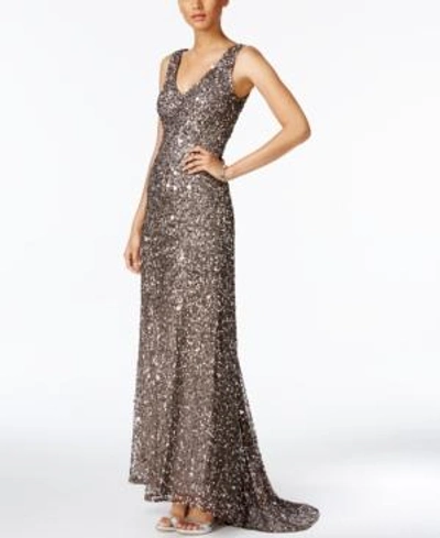 Shop Adrianna Papell Sequined Mermaid Gown In Lead