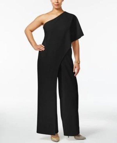Shop Adrianna Papell Plus Size Draped One-shoulder Jumpsuit In Black